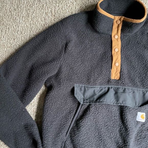 Carharrt Women's Pullover M Relaxed Fit Black Tan Fleece 1/4 Button Pocket Warm - Picture 2 of 14